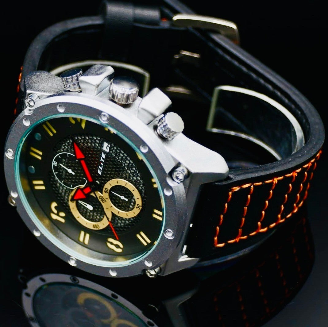 Elite Herren Armband Uhr Chronograph Datum Schwarz Silber Orange Farben1