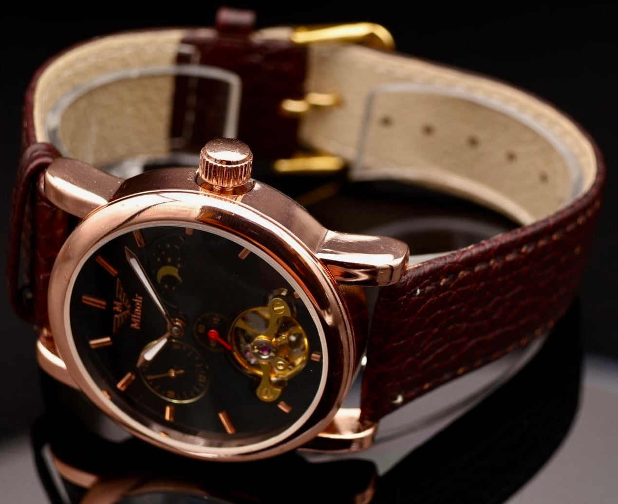 Minoir Automatik Herrenuhr Geschenkidee Premium Schwarz Rosé Farben Lederband1