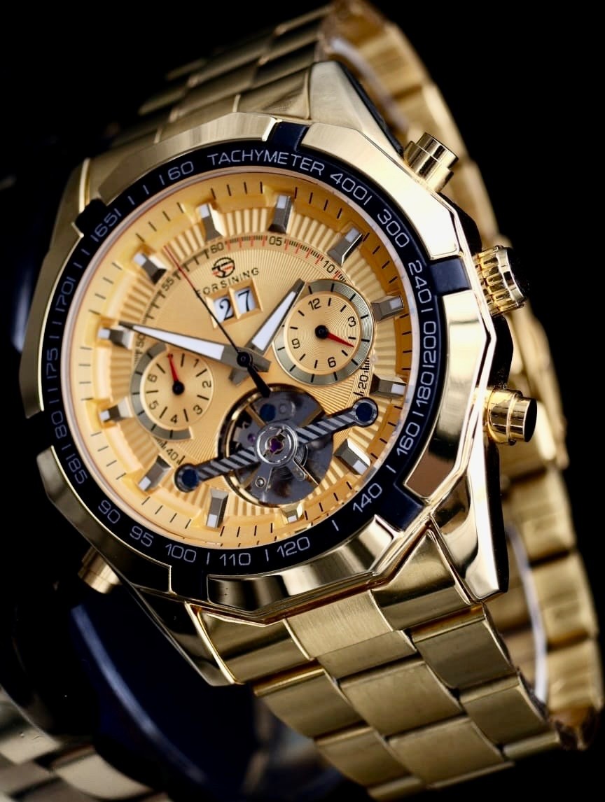 Sportliche Herren Männer Automatik Uhr Gold Farben Kalender & Offene Unruh NEU0