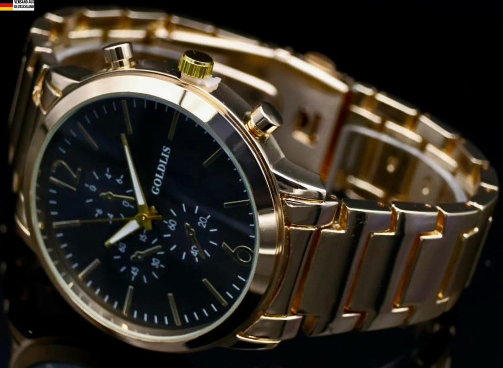 Mega Edle Herren Armband Männer Uhr Schwarz Gold Farben NEU0