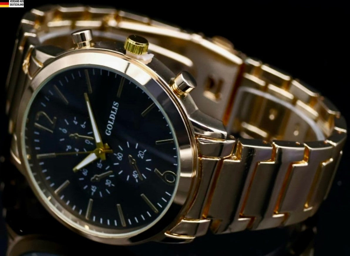 Mega Edle Herren Armband Männer Uhr Schwarz Gold Farben NEU0