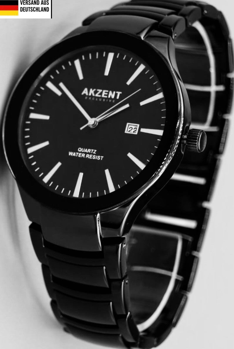 Akzent Herren Männer Armband Uhr  im Flachem Design Keramik Look Datum0