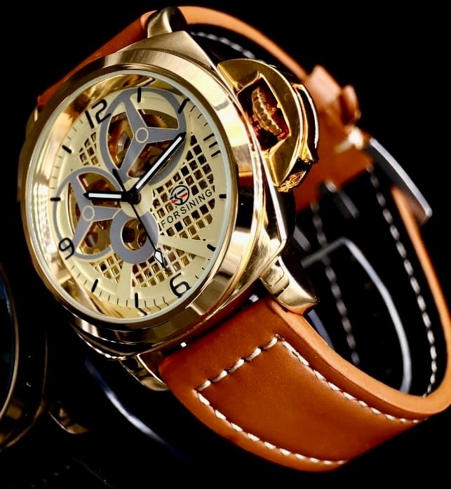 Mega Edle Forsining Herren Männer Automatik Uhr Gold Farben mit Lederarmband0