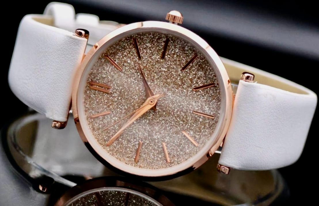 Excellanc Damen Frauen Armband Uhr Bordeaux Rosé Weiß Damenuhr Glitzer Schimmer1