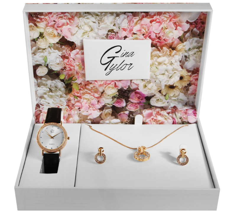 GinaTylor Damen Geschenkset Armbanduhr Halskette und Ohrringe Schwarz Goldfarbig1