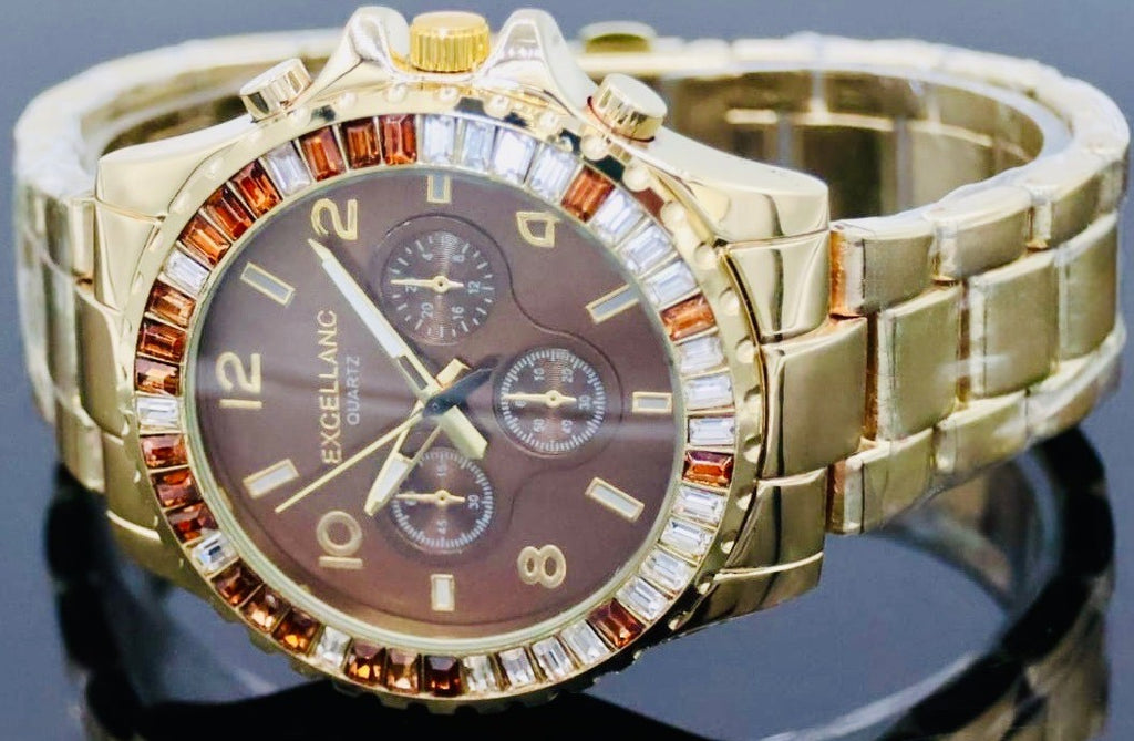 Excellanc Damen Frauen Armband Uhr Braun Gold Farben Damenuhr Chrono-Look Strass1