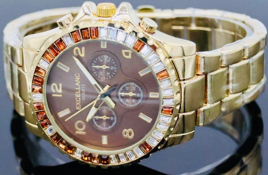 Excellanc Damen Frauen Armband Uhr Braun Gold Farben Damenuhr Chrono-Look Strass1