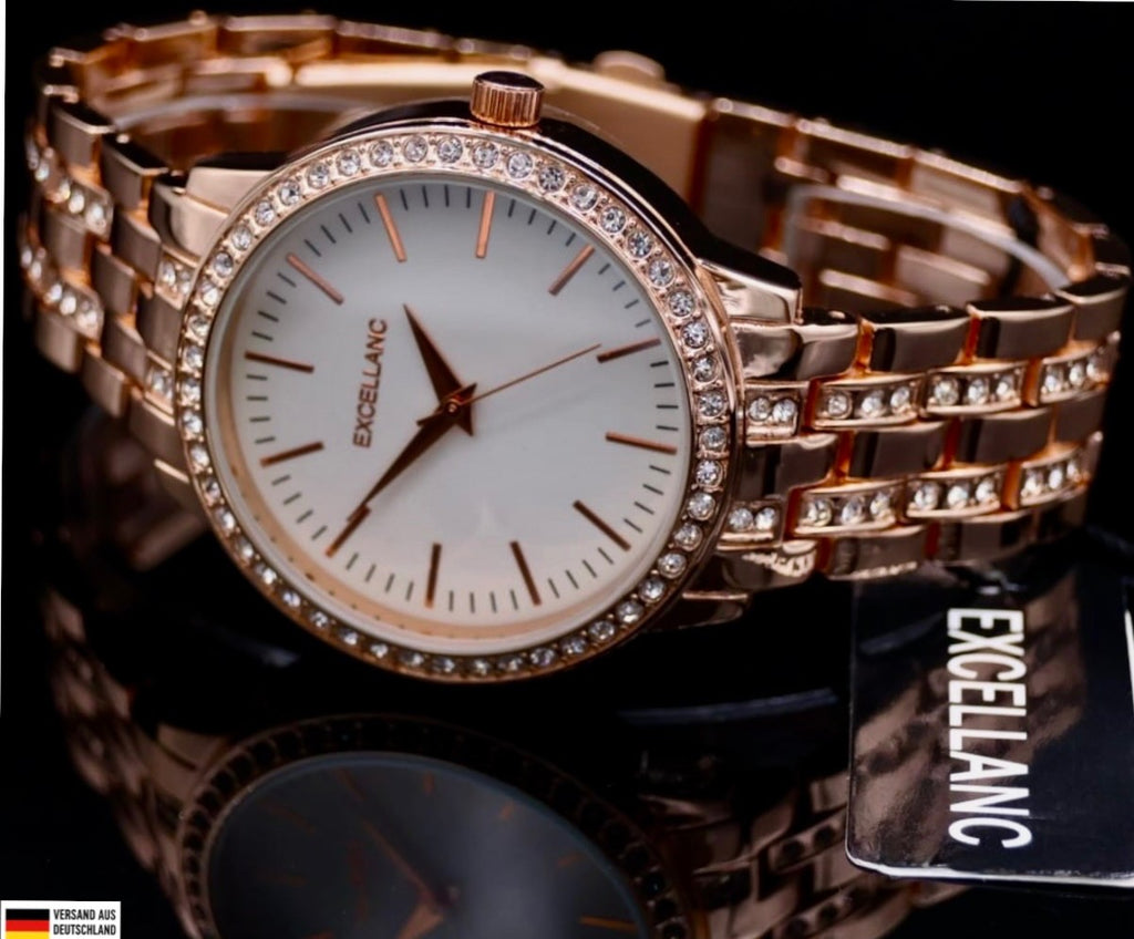 Mega Edle Excellanc Damen Frauen Armband Uhr Weiß Rosé Farben Damenuhr Strass0