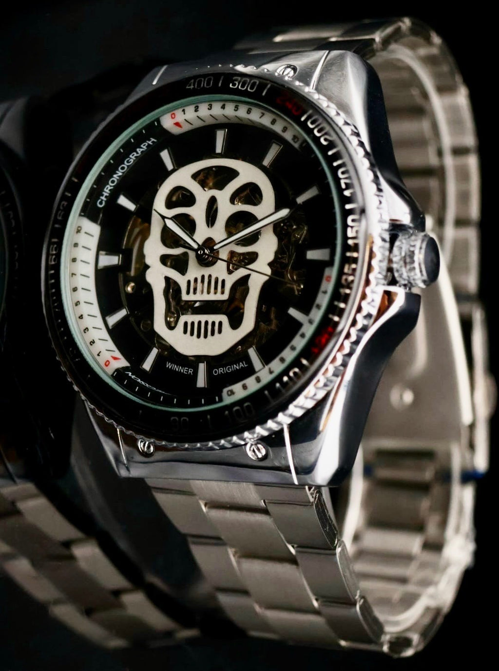 Original Winner Herren Automatik Armbanduhr in Silber Automatikuhr mit Totenkopf2