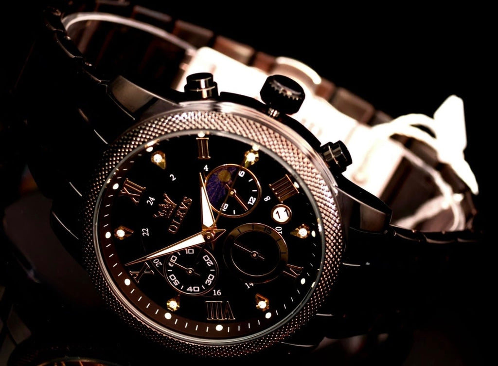 Herren Männer Armband Uhr Chronograph Stoppuhr Datum Schwarz Keramik Look1