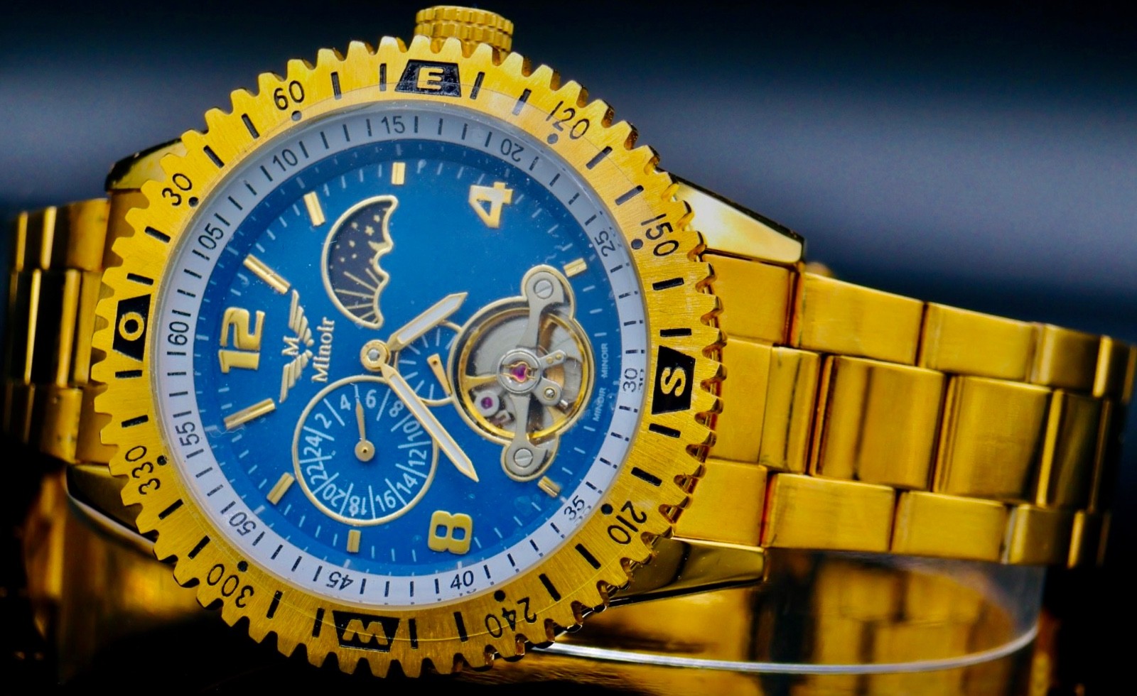 XL Herren Uhr Automatikuhr Armbanduhr Minoir Herrenuhr mit offener Unruh in Gold0