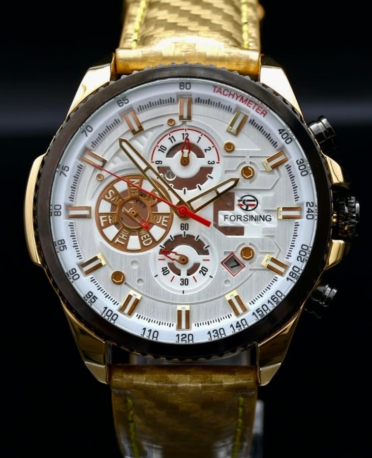 Sportliche Herren Männer Automatik Uhr Gold Farben Weißes Ziffernblatt Lederband0