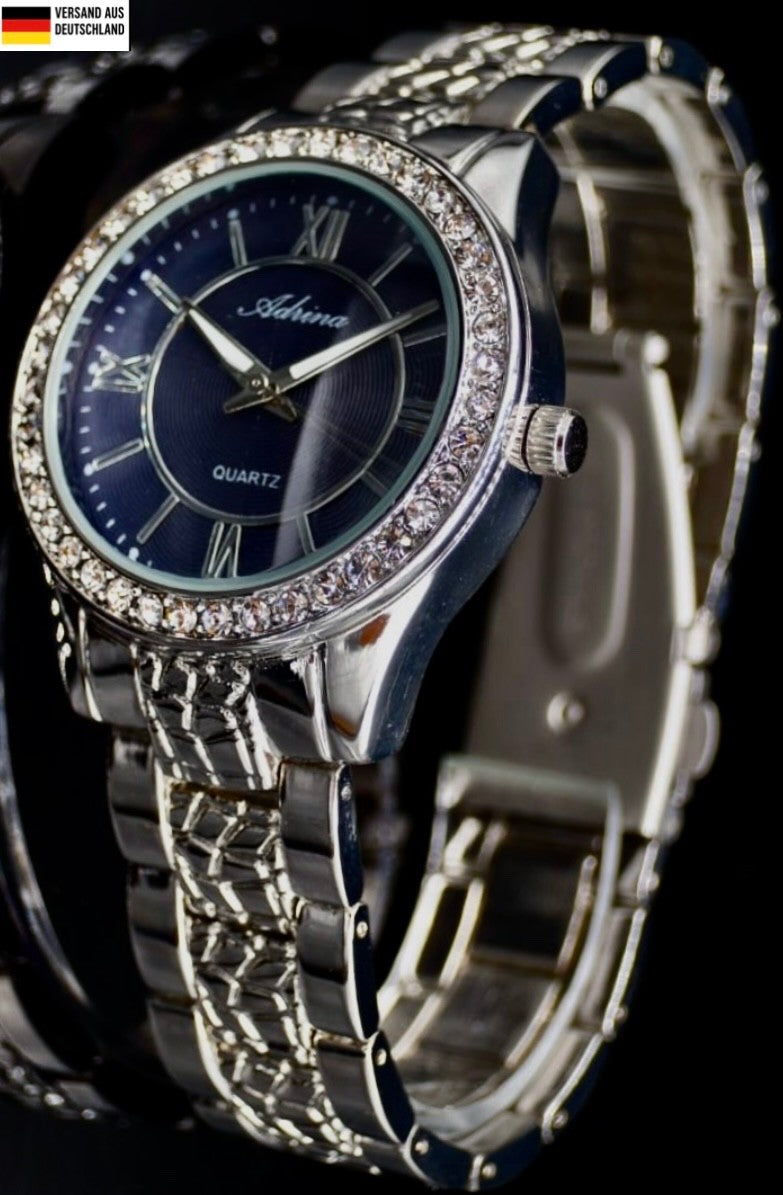 Elegante Adrina Damen Frauenuhr Armband Uhr Blau Silber Farben Damenuhr  Strass0
