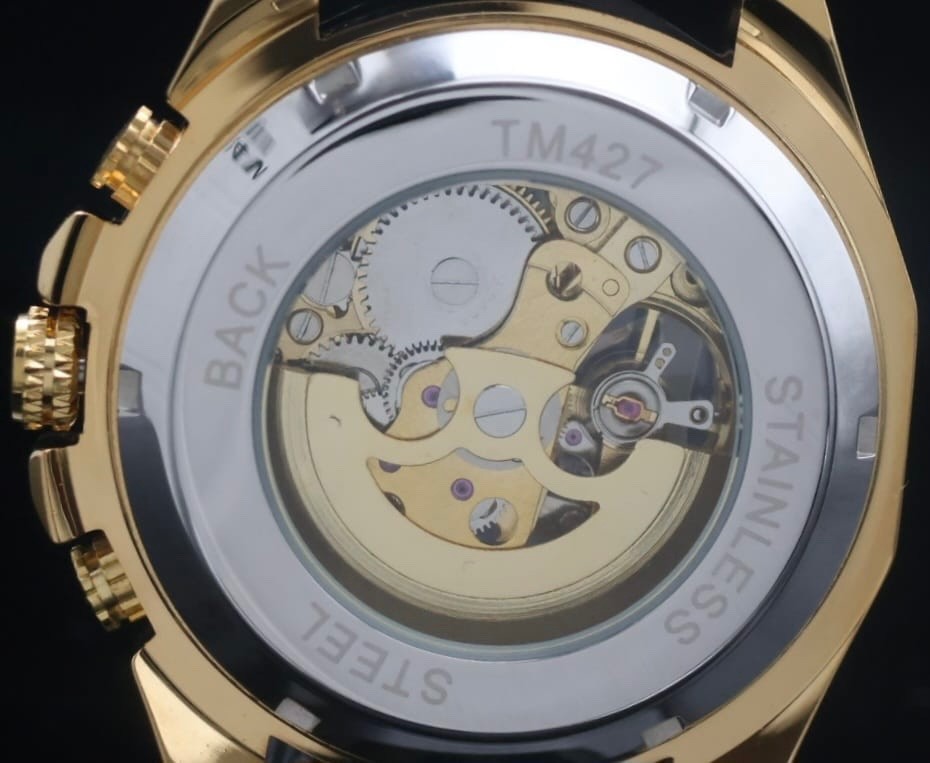 FORSINING Herren Automatik Skelett Uhr Schwarz Gold Leder Leuchtzeiger 46mm Neu2