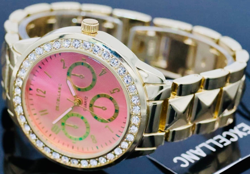 Excellanc  Damen  Armband Uhr Rosa Gold Farben Damenuhr Strass Chrono-Look2