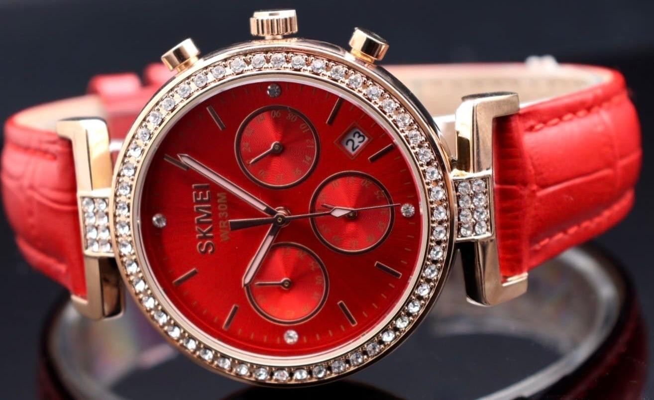 SKM - DAMENUHR - CHRONOGRAPH - STOPPUHR - DATUM - LEDER -  ROT - 38MM - NEU1