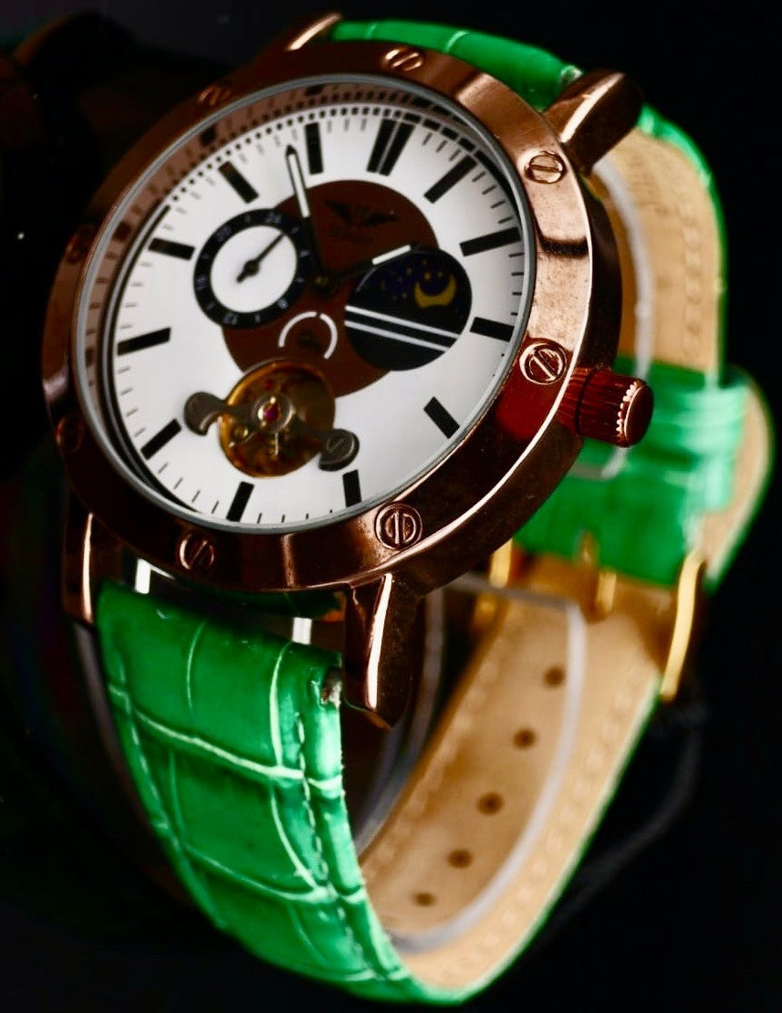 Edle Herren Uhr Automatik Armbanduhr Minoir Herrenuhr mit Lederband Grün Farben1