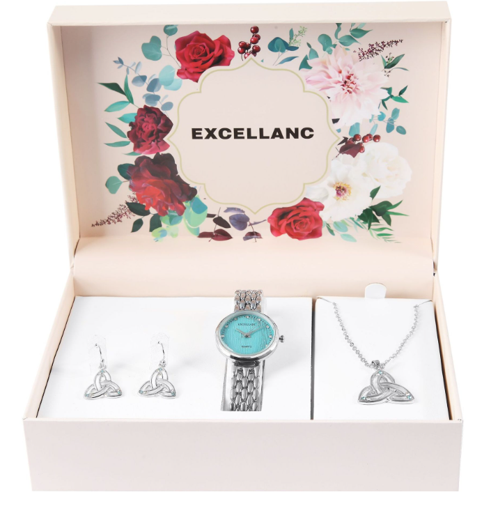 Excellanc Damen Geschenkset Armbanduhr Halskette und Ohrringe Silber Blau Farben0