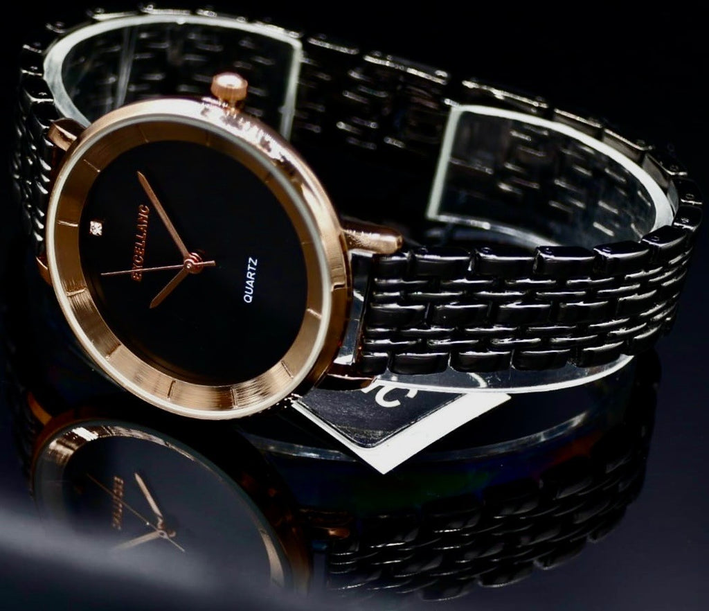 Excellanc Frauen Damen Armband Uhr Rosé Schwarz Farben Damenuhr Crystal-Besatz *1
