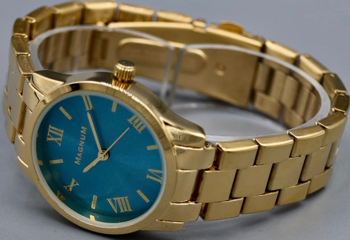 Magnum Damen Frauen Armband Uhr Blau Türkis Gold Farben Damenuhr Mineralglas1