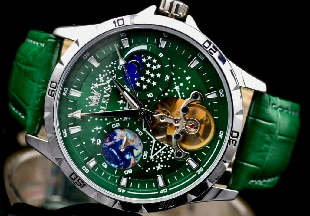 OLEVS Automatik Herren Männer Armband Uhr Automatikuhr Grün Farben Lederband2