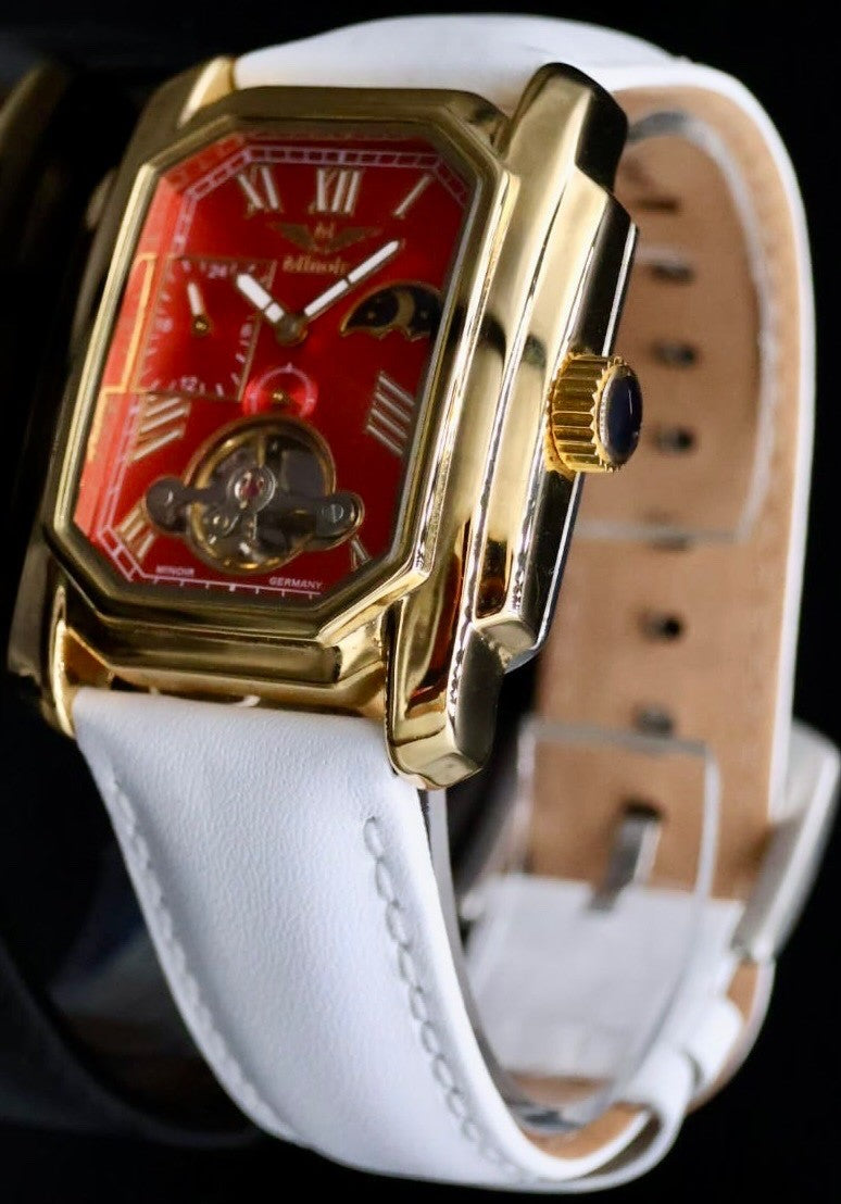 Minoir Herren Uhr Automatik Armbanduhr Rot Weiß Farben Herrenuhr mit Lederband0
