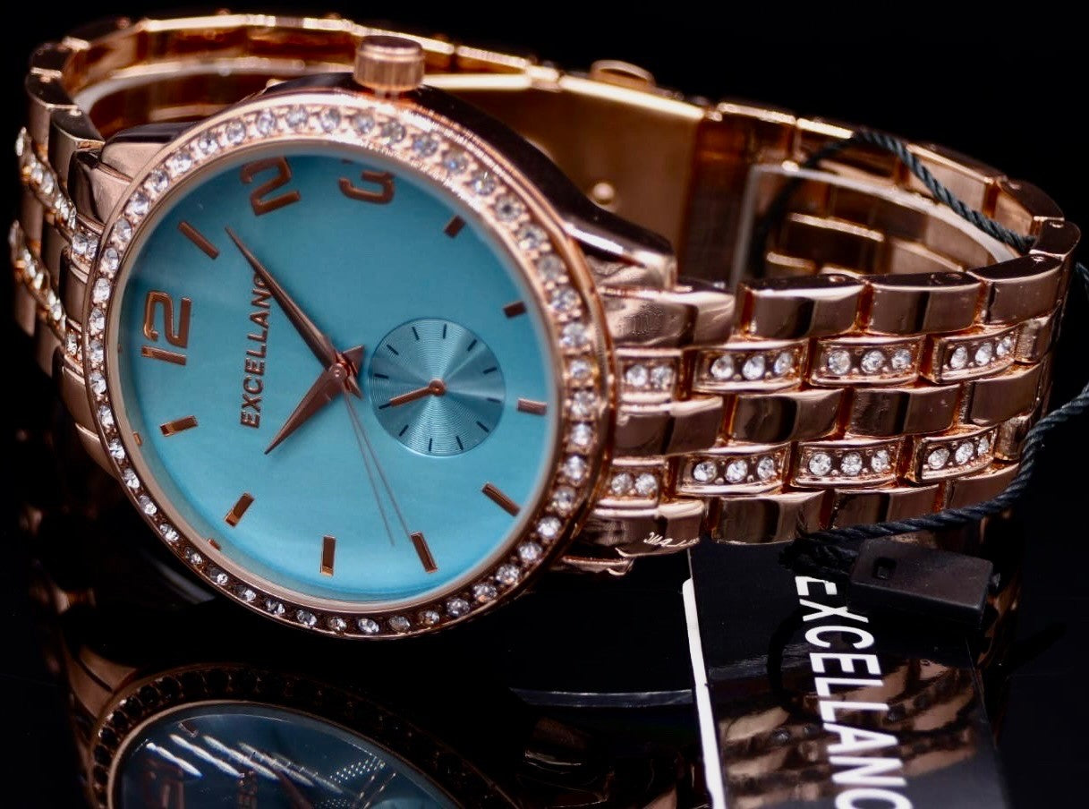 Excellanc Damen Frauen Armband Uhr Blau Roségold Farben Damenuhr Strass *NEU*1