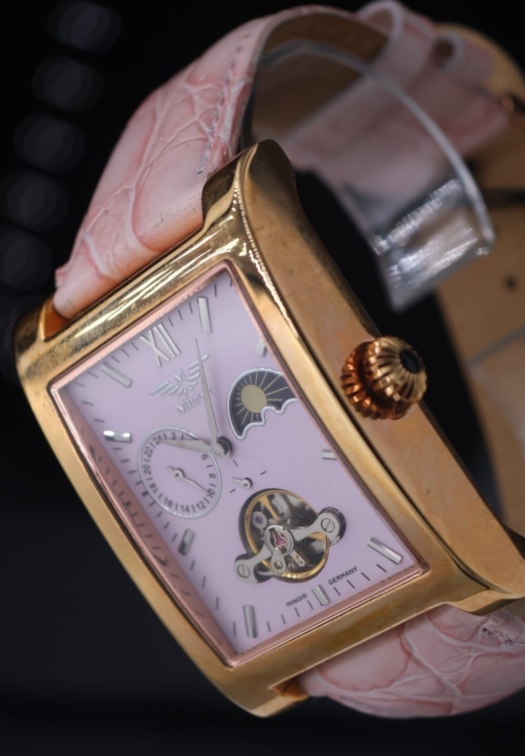 Klassische Damen Frauen Uhr Automatik Armbanduhr Minoir Lederband Damenuhr Rosa2