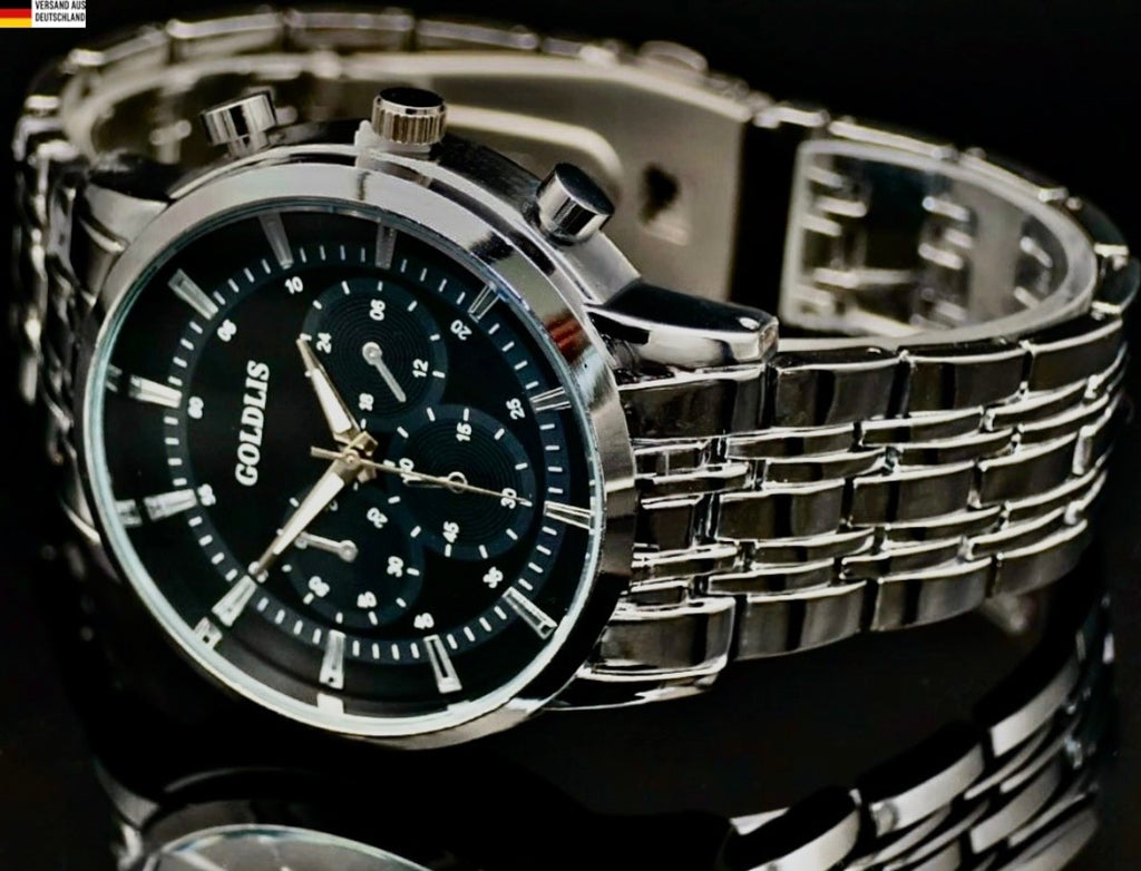 Edle Herren Armband Männer Uhr  Schwarz Silber Farben Chrono Look Quarz *NEU0