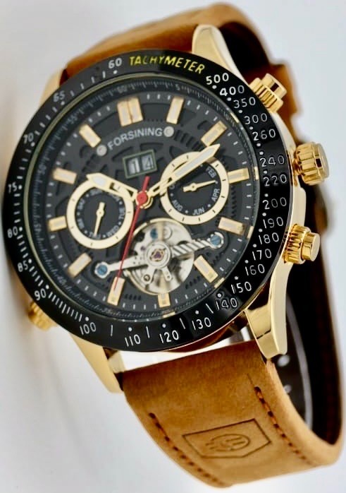 Exklusive Herren Männer Automatik Uhr Gold Schwarz Farben mit Lederarmband NEU -0