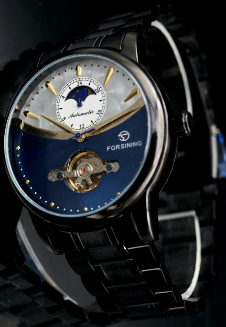 Herren Männer Automatik Uhr ausgefallenes Design Blau Farben Keramik Look NEU3