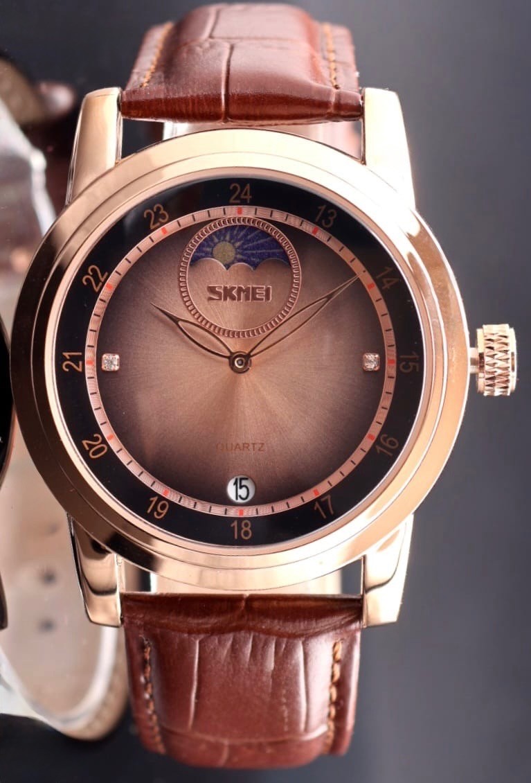 SKM Herren Armband Uhr Rosé Farben Lederband Datum Tag & Nacht Anzeige 42mm NEU0