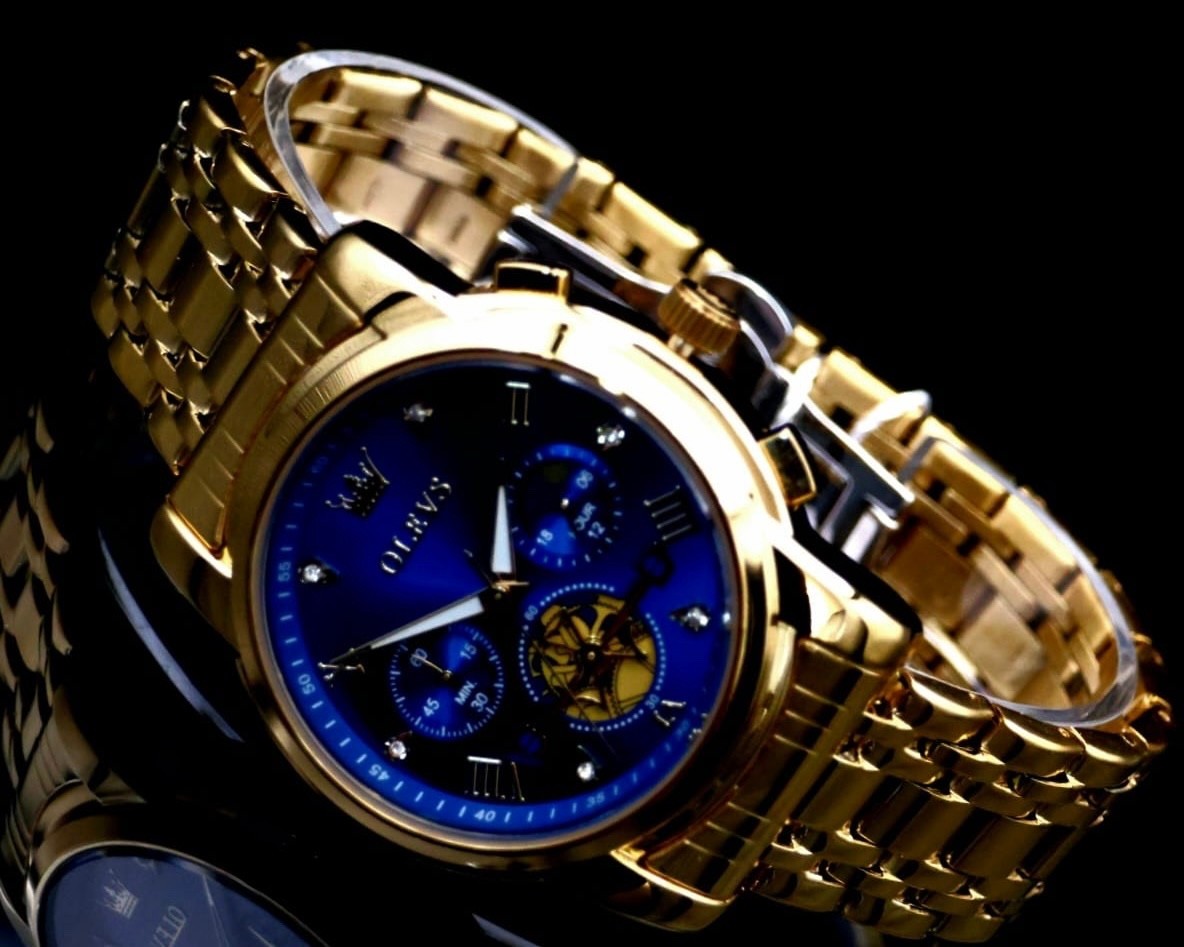 Edle Herren Männer Armband Uhr Chronograph Stoppuhr Datum Blau Gold Farben NEU *1