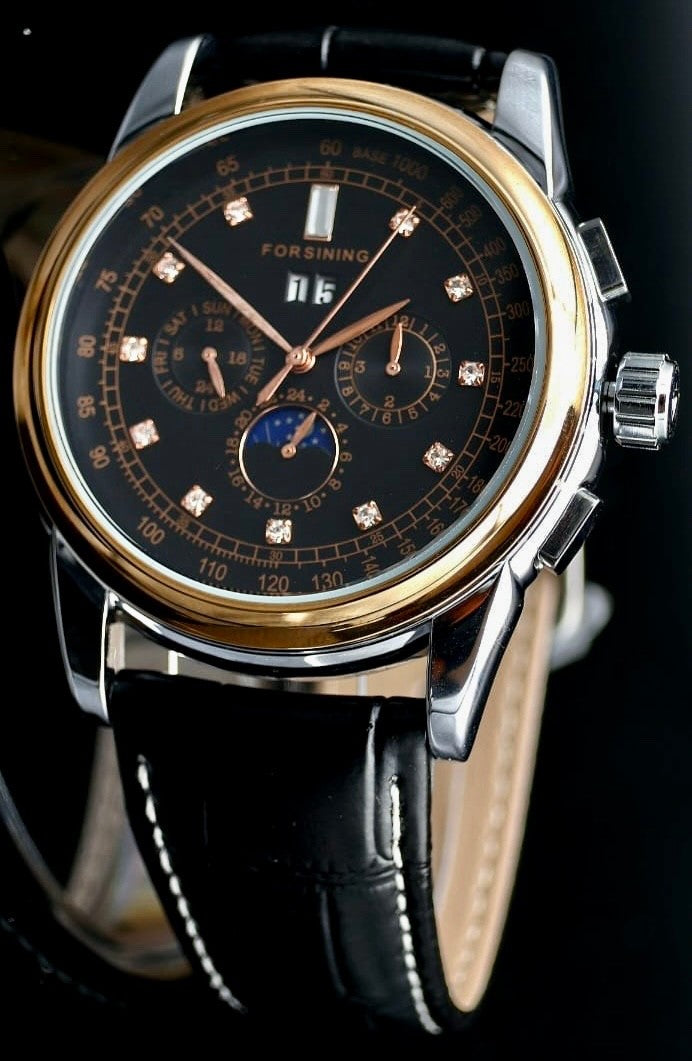 Schicke Herren Männer Automatik Uhr Rosé Schwarz Farben mit Lederarmband NEU1