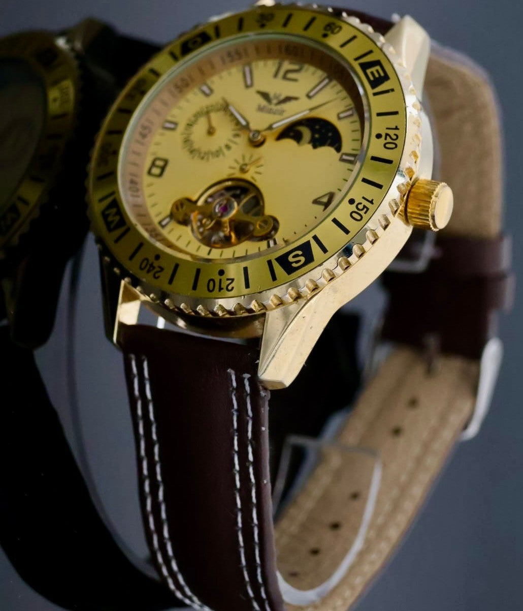 Mega Edle Herren Uhr Automatikuhr Armbanduhr Minoir Herrenuhr mit Lederband TOP0