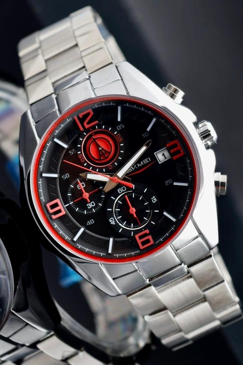 Herren Chronograph SKM Armband Uhr Edelstahl Datumsanzeige Stoppfunktion 46MM0