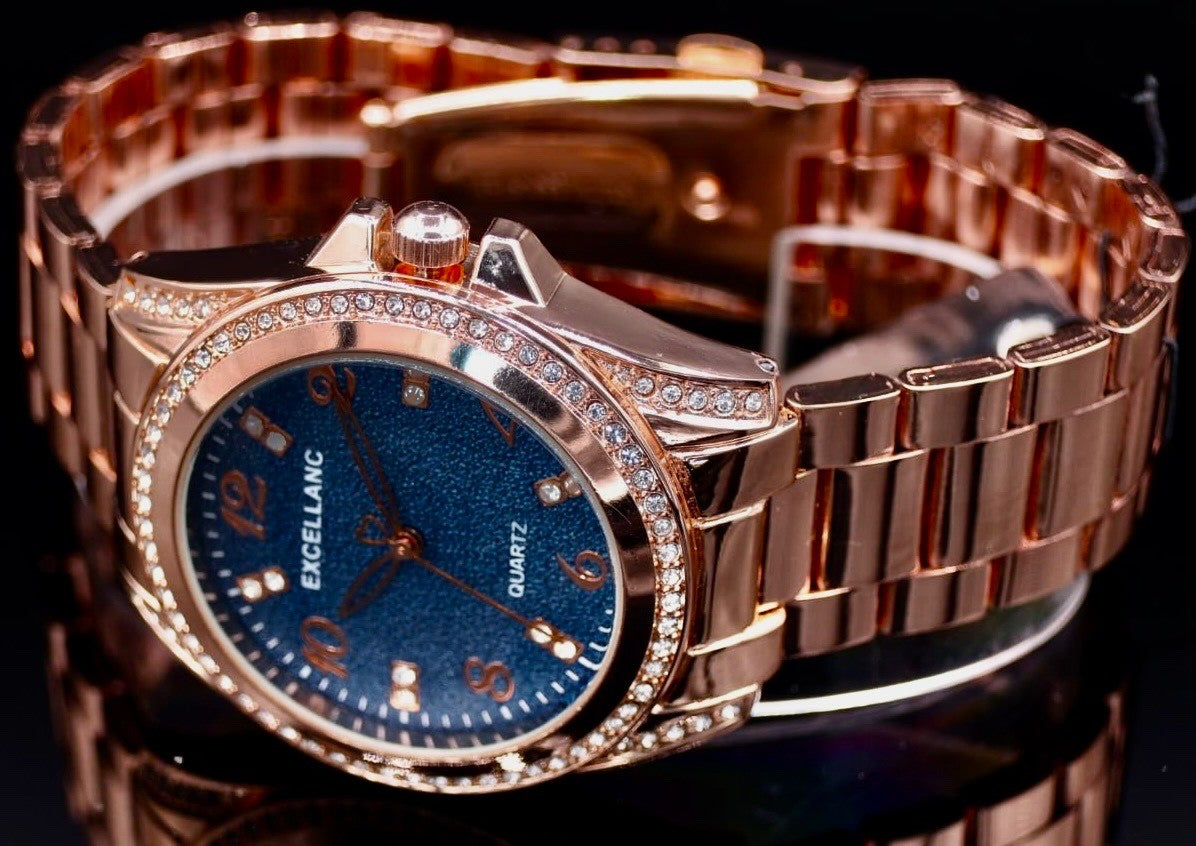 Excellanc Damen Armband Uhr Blau Rosé Farben Damenuhr Strass Glitzer Mineralglas1