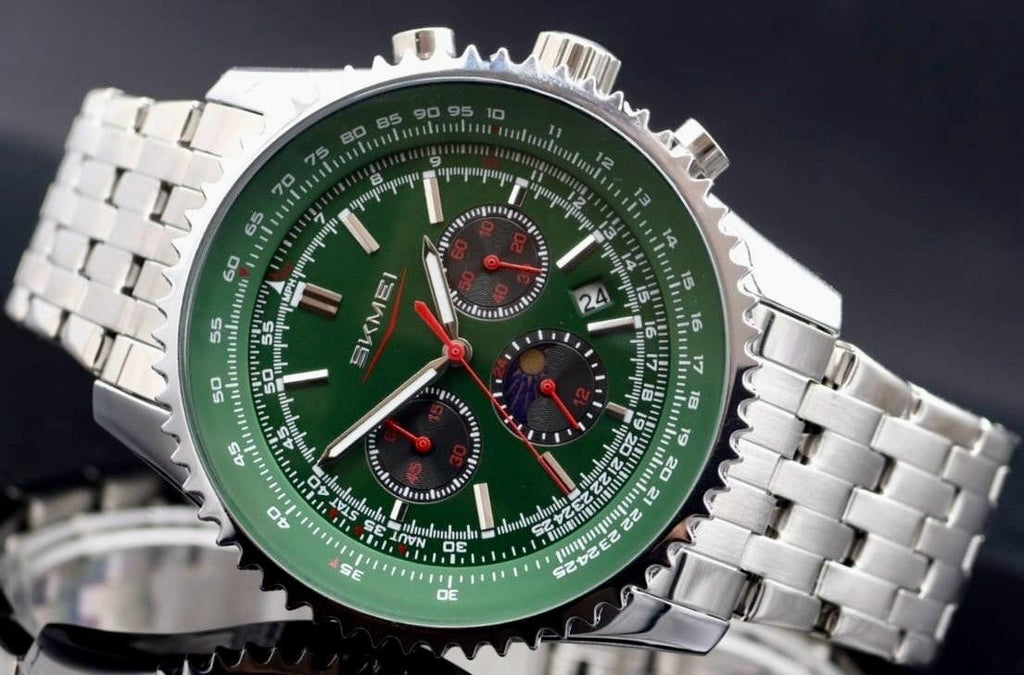 HERRENUHR - SKM - CHRONOGRAPH - STOPPUHR - DATUM - EDELSTAHL - GRÜN - 48MM - NEU1