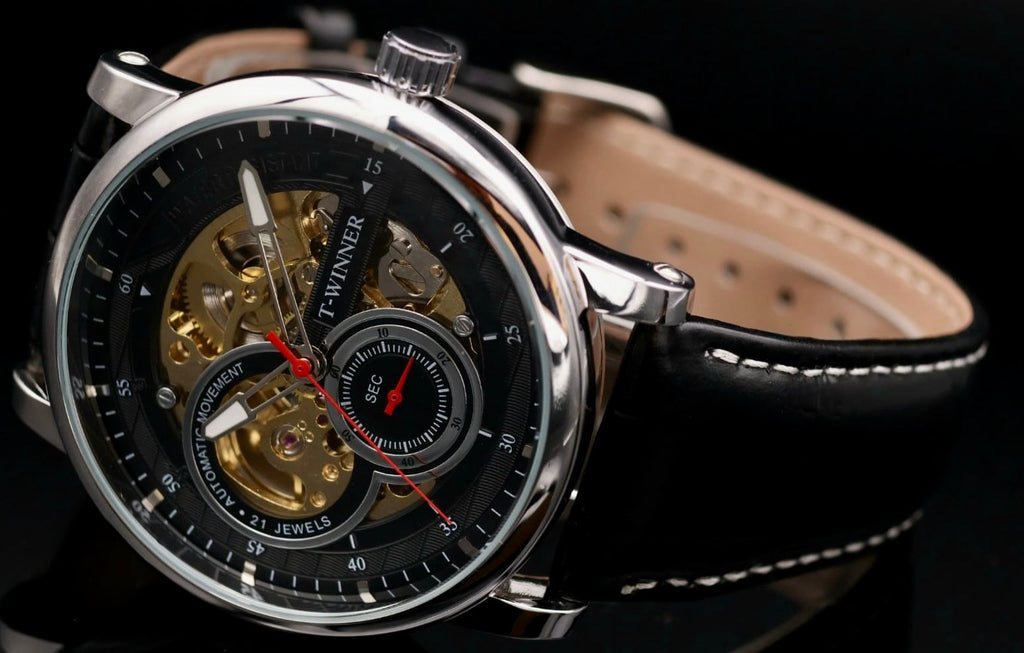 Winner Herren Männer Uhr Automatik Armbanduhr Schwarz Farben mit offener Unruh1