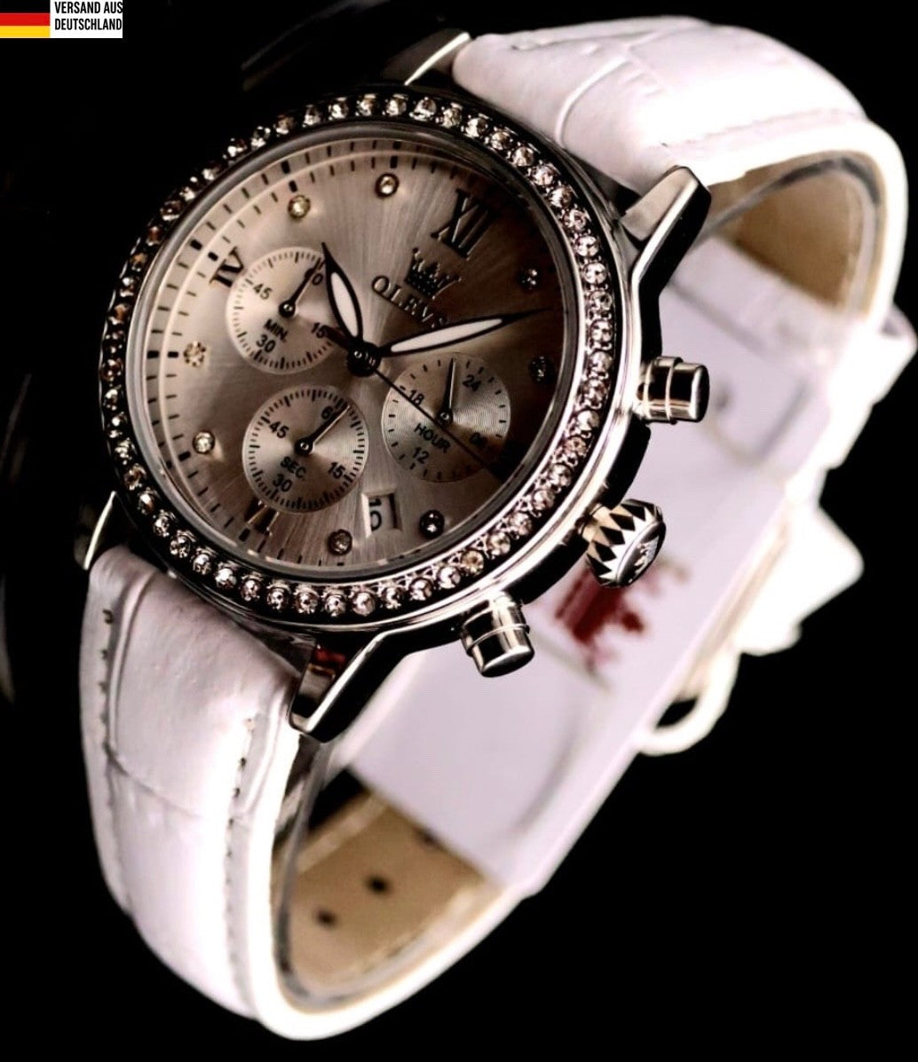 Mega Edle Damen Armband Uhr Chronograph Stoppuhr Datum Strass NEU1