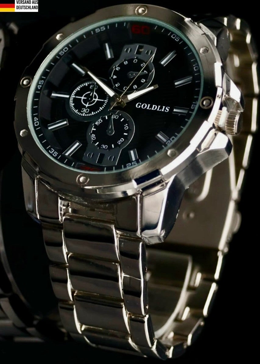 Edle  XL  Herren Armband Männer Uhr Schwarz Silber Farben Chrono Look * NEU *0