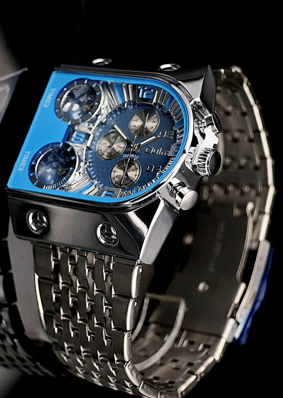 Dual Timer Herrenuhr Blau Silber Farben Armband Männer Uhr im Chrono Look1