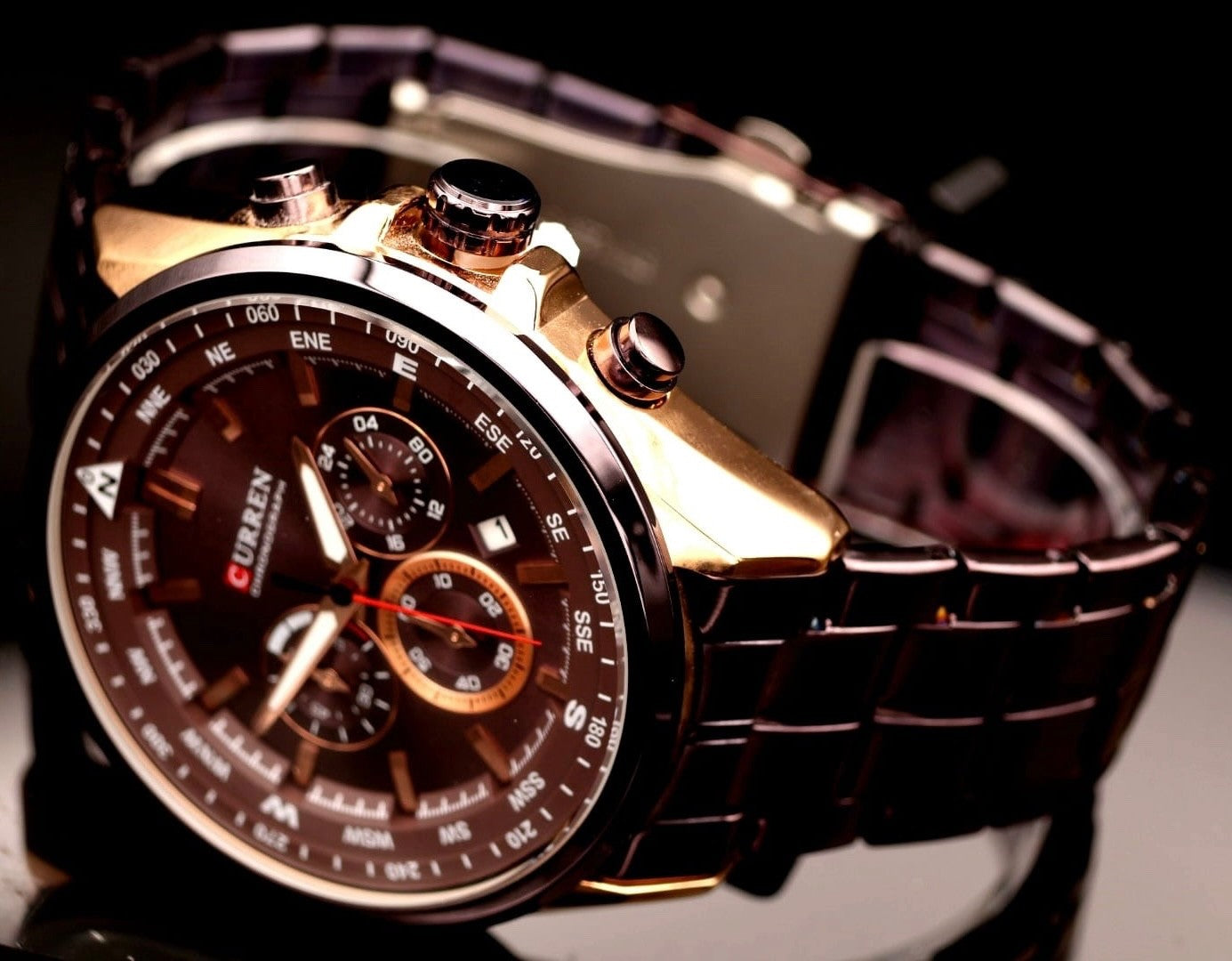 Edle Herren Armband Uhr Edelstahl Chronograph Stoppuhr Datum Beeren Rosé Farben1