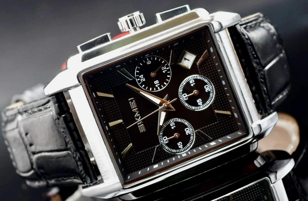 Edle Herren Männer Armband Uhr Chronograph Stoppuhr Datum Schwarz Silber Farben1