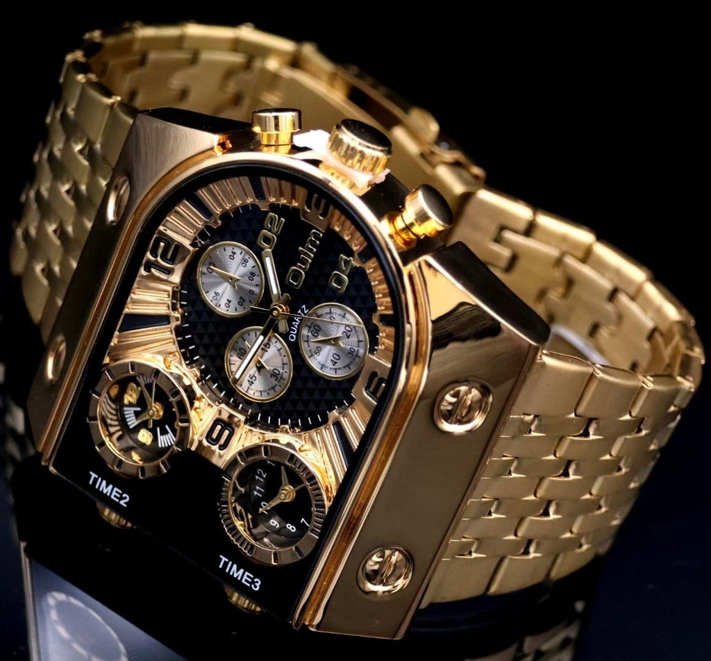 XL Herren Männer Uhr 3 Uhrwerke Schwarz Gold Farben Herrenuhr im Chrono Look NEU1