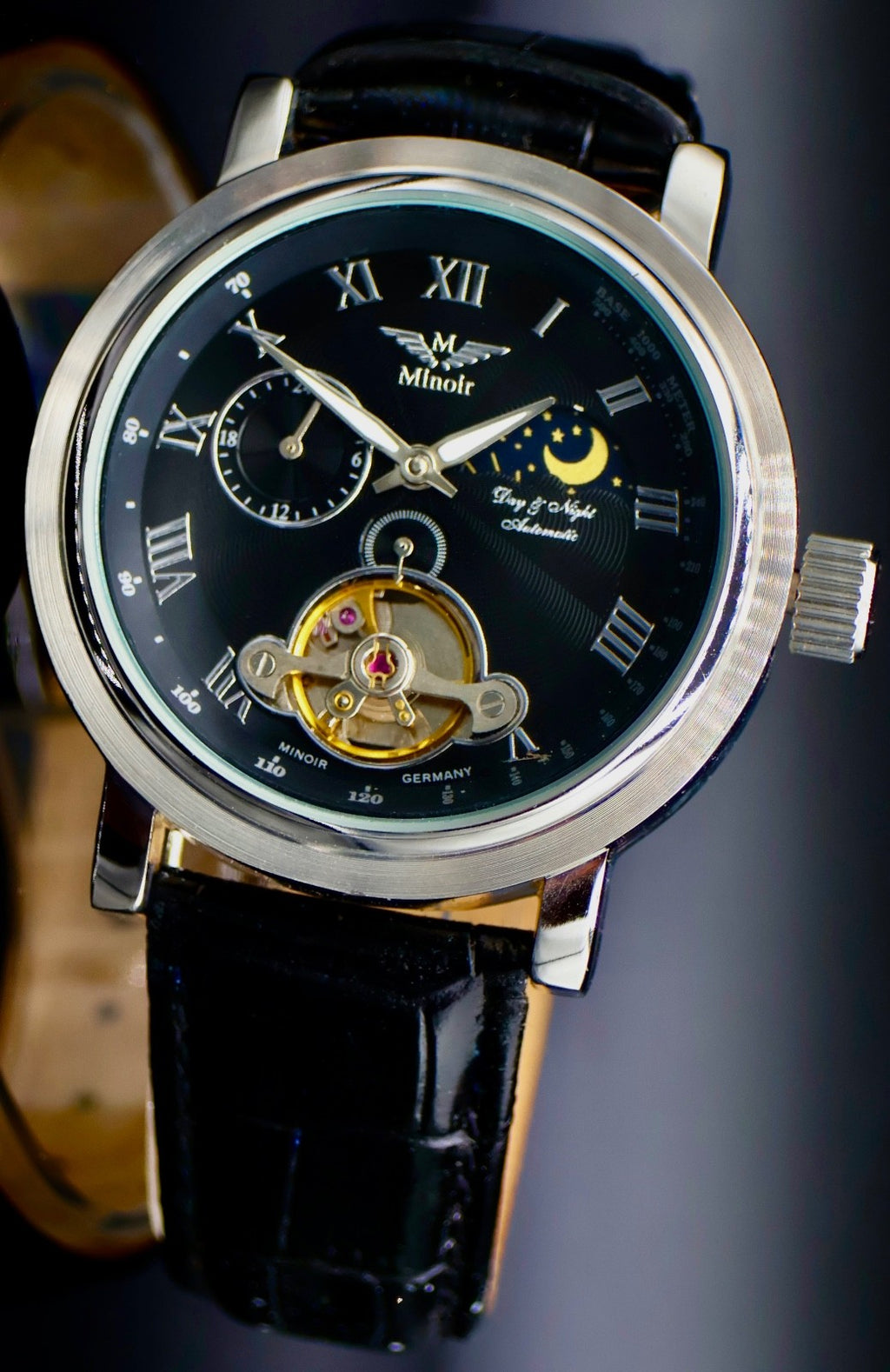 Edle Herren Männer Uhr Automatikuhr Armbanduhr Minoir Herrenuhr mit Lederband0