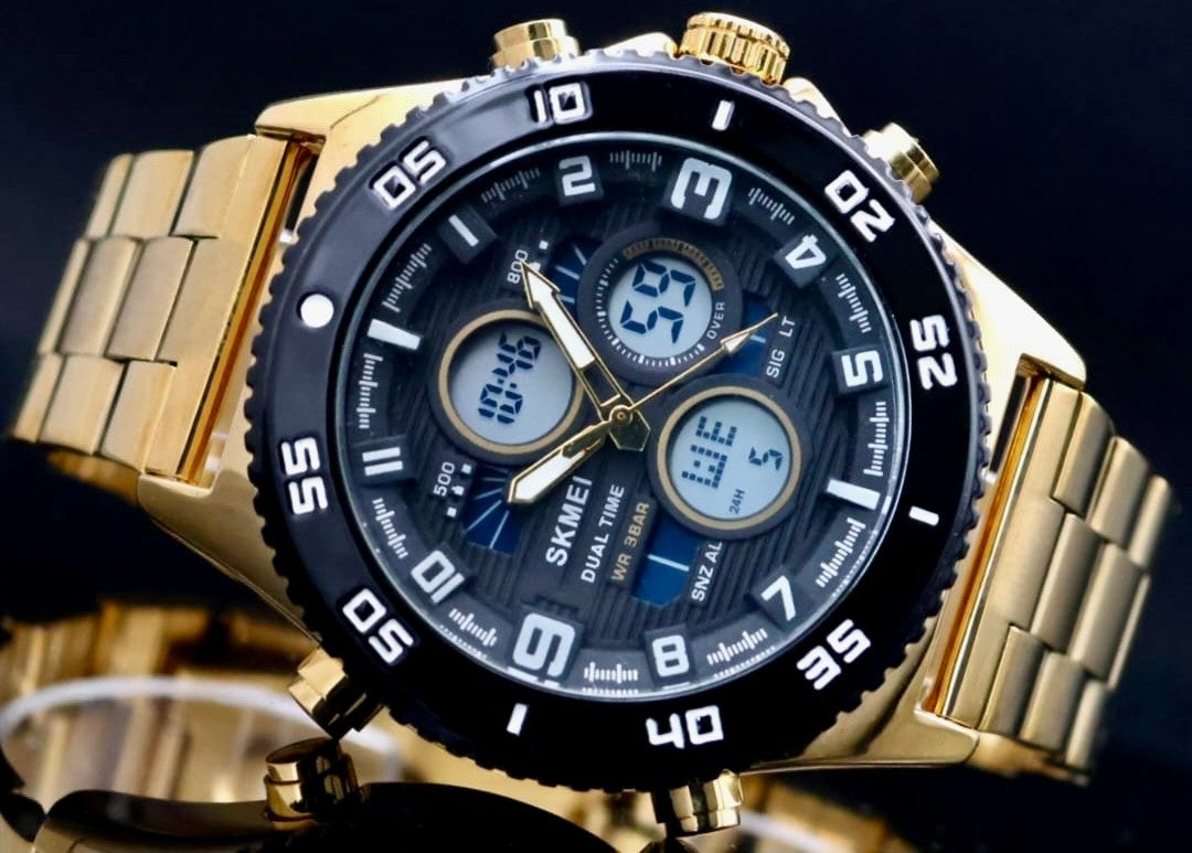 Sportliche Digital & Analog Herren Uhr Armbanduhr Wecker Schwarz Gold Farben NEU1