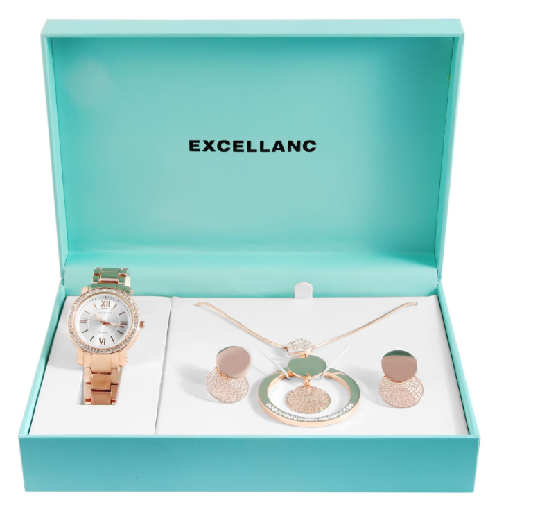 Excellanc Damen Geschenkset Armbanduhr Halskette und Ohrringe Weiß Rosé Farben1