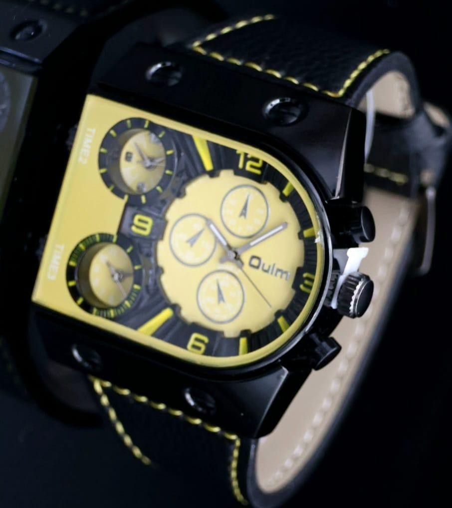 Dual Timer Herrenuhr Gelb Schwarz Farben Leder Armband Männer Uhr im Chrono Look1