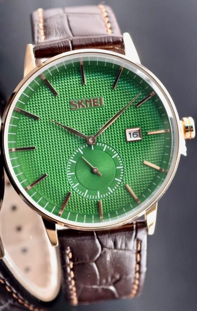 HERREN - UHR - SKM - SEKUNDENANZEIGE - DATUM - LEDERBAND - GRÜN - 40MM - NEU0